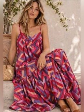 Anthropologie Maxi Dress in Pink, Purple & Red Geometric Print. Size S NEW
